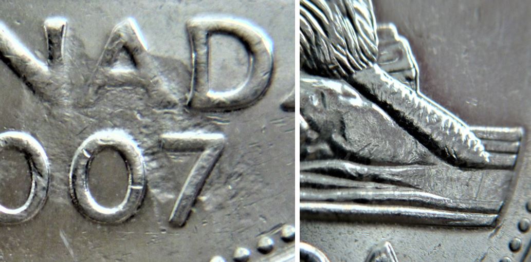 5 Cents 2007-Frappe a travers coté revers-du gombo- Belle pièce-2.JPG