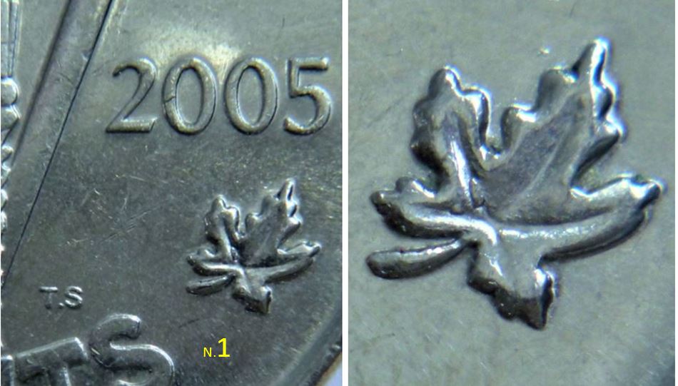 5 Cents 2005V- Éclat coin sur la feuille droite.1.JPG
