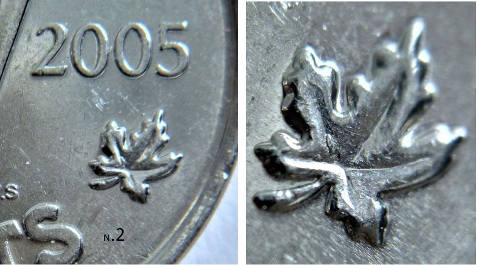5 Cents 2005V- Éclat coin sur la feuille droite.2.JPG