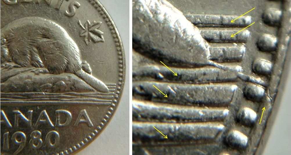 5 Cents 1980-Coin fendillé a la queue du castor+Double vagues,2.JPG