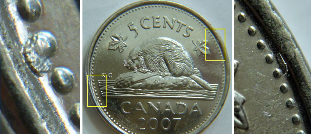 5 Cents 2007-Éclat coin au dessus des perles au revers.JPG