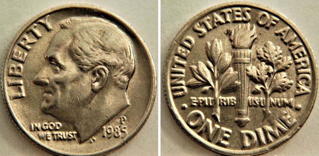 10 Cents USA 1985P-Dépôt de métal entre ME de diME-1.JPG