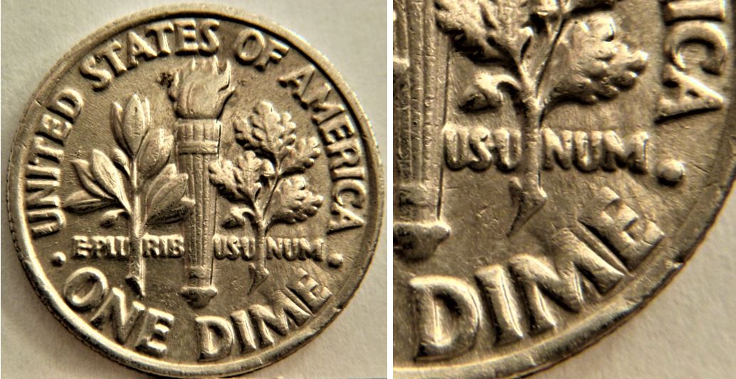 10 Cents USA 1985P-Dépôt de métal entre ME de diME-3.JPG