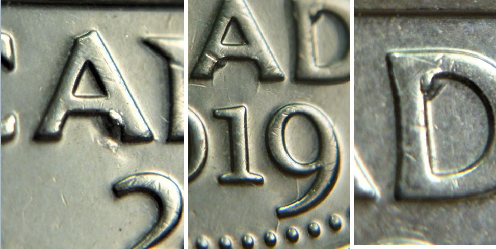 5 Cents 2019-Éclat coin sous A A et dans le D+Coin fendillé dans 9 -2.JPG