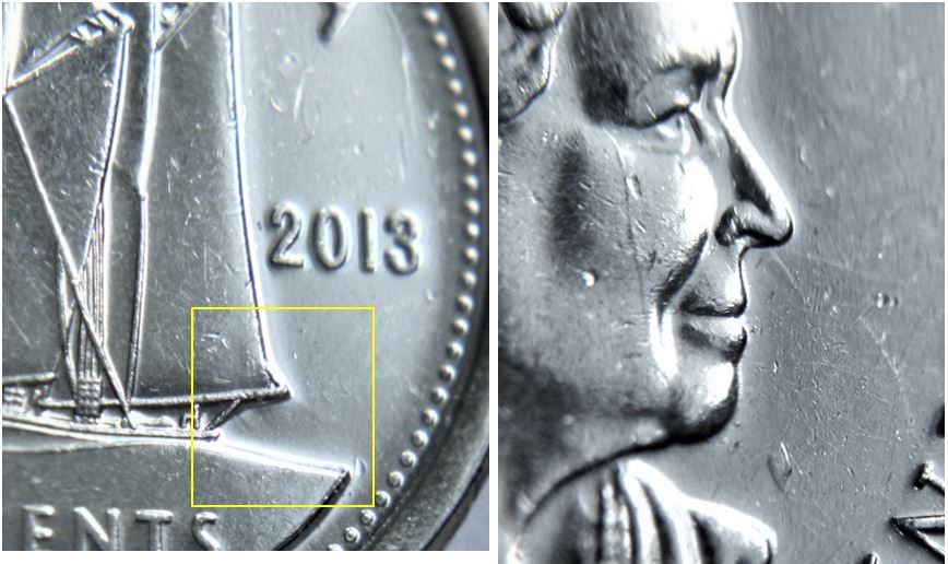 10 Cents 2013-Coin fendillé sur visage de effigie+entrechoqué avers et revers-1.JPG