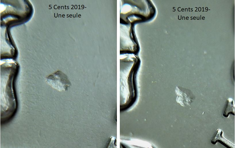 5 Cents 2019-Frappe à travers du coté avers de différente 2019-2.JPG