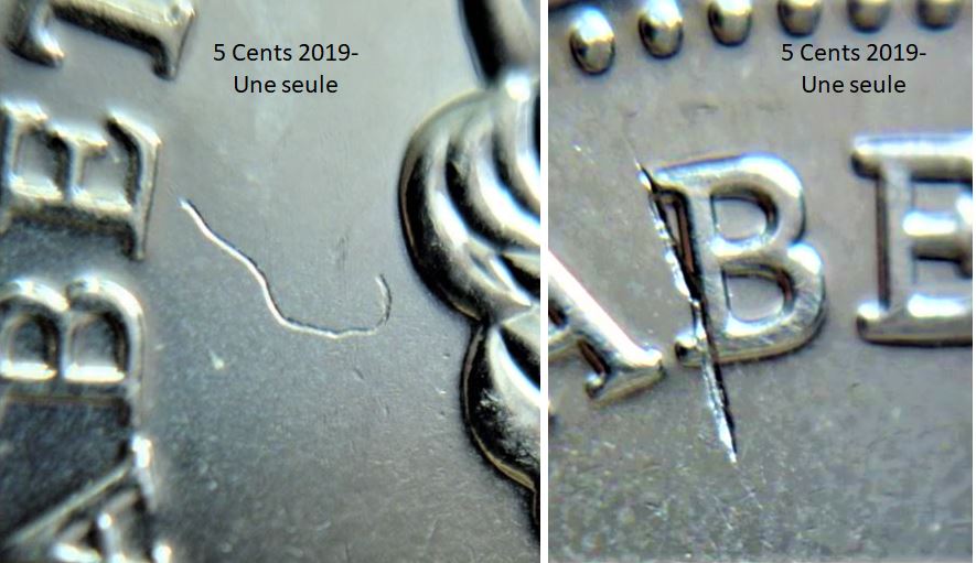 5 Cents 2019-Frappe à travers du coté avers de différente 2019-3.JPG
