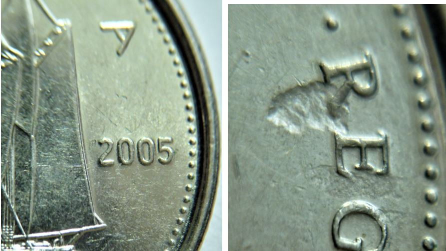 10 Cents 2005-Frappe à travers sur R E de REgina-1.JPG