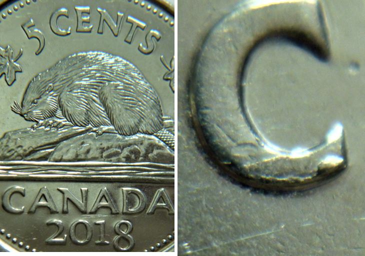 5 Cents 2018-Éclat coin sur le C de Cents+ début d'un coin fendillé sur le C-1.JPG