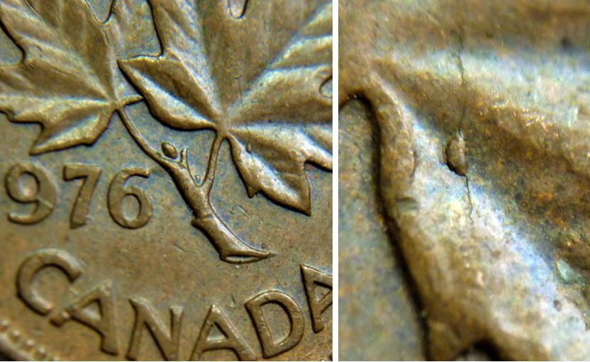 1 Cent 1976-Éclat coin dans la feuille droite=Coin fendillé-1.JPG
