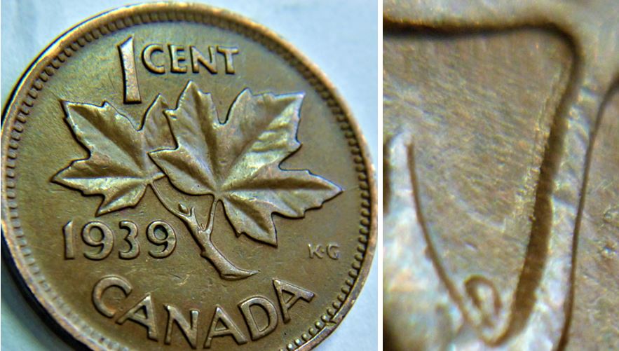 1 Cent 1939-Coin fendillé feuille  gauche et droite+dépôt métal sous les feuilles-1.JPG