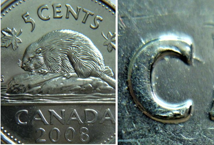 5 Cents 2008-Coin fendillé-Accumulation+double-5 CENTS-1.JPG