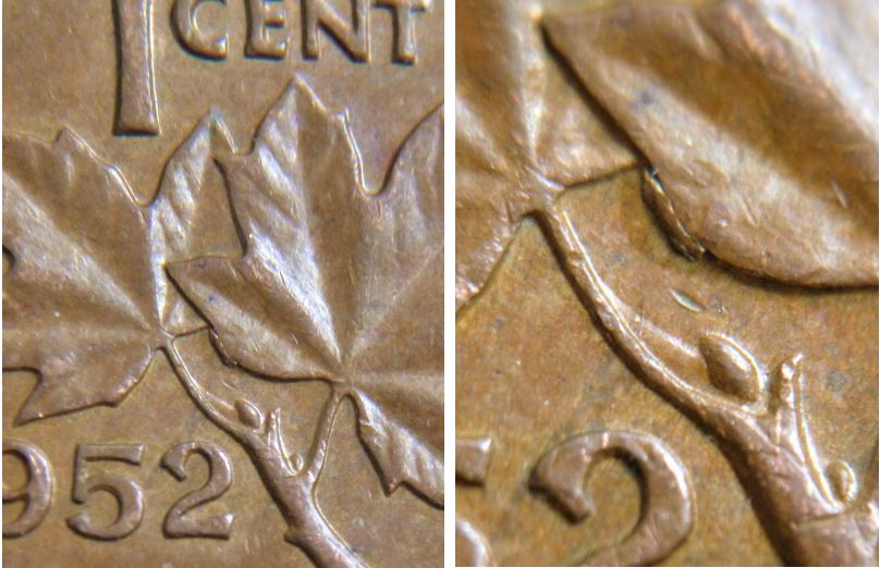 1 Cent 1952-Coin entrechoqué+éclat coin+double 5 revers-Coin fendillé a traves R de gRatia-1.JPG