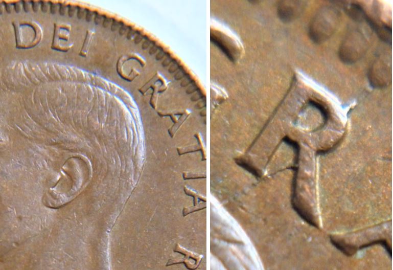 1 Cent 1952-Coin entrechoqué+éclat coin+double 5 revers-Coin fendillé a traves R de gRatia-2.JPG