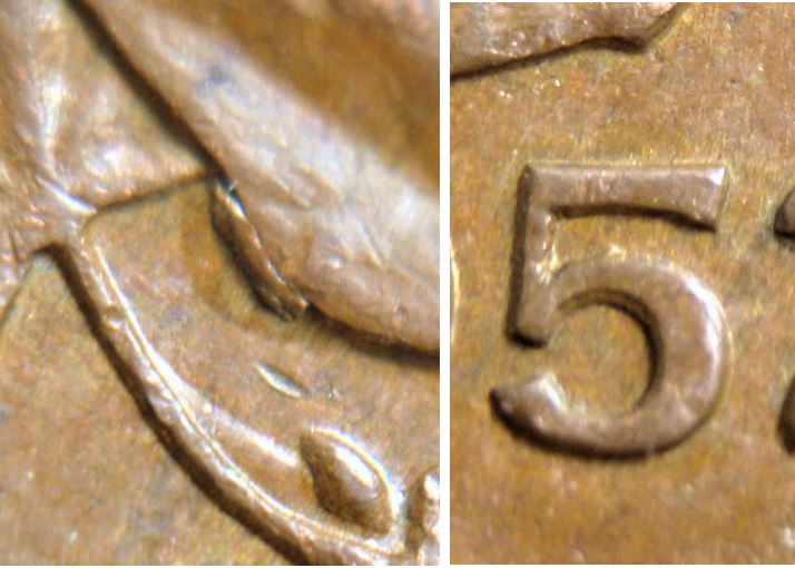 1 Cent 1952-Coin entrechoqué+éclat coin+double 5 revers-Coin fendillé a traves R de gRatia-3.JPG