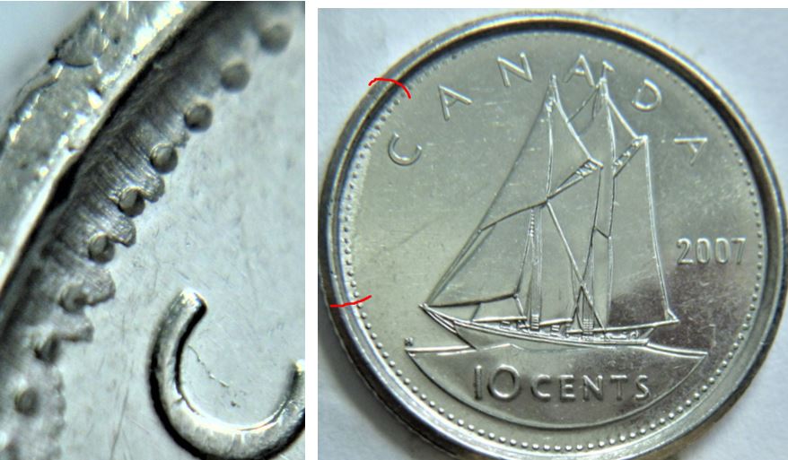 10 Cents 2007-Dépôt de métal sur les perles au coté revers de 8H à 10H ,1.JPG