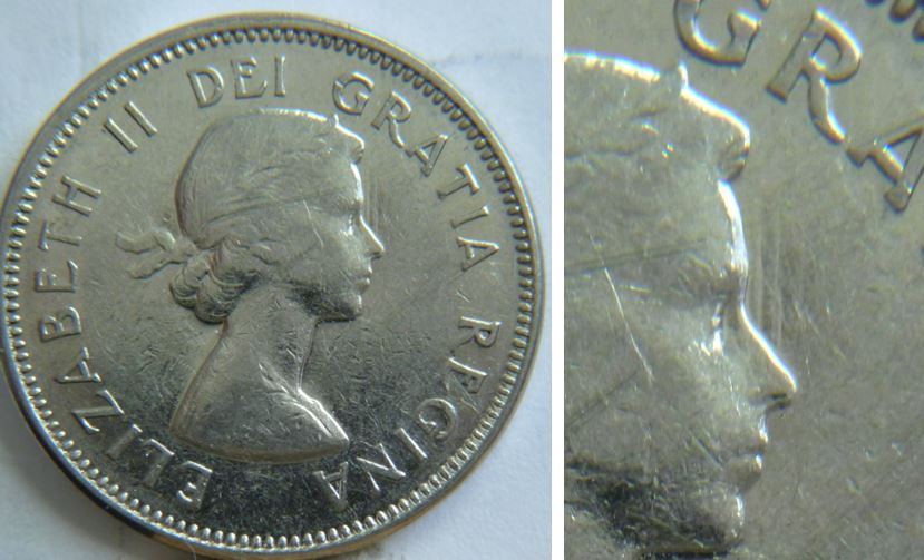 5 Cents 1964-Dommage du coin devant le front de effigie-2.JPG