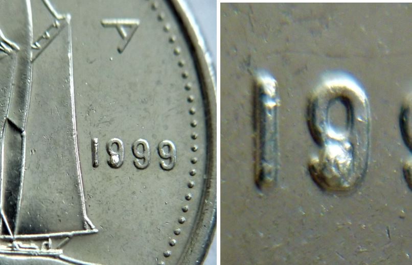 10 Cents 1999-Premier 9 a la patte bouché -Éclat du coin-2.JPG