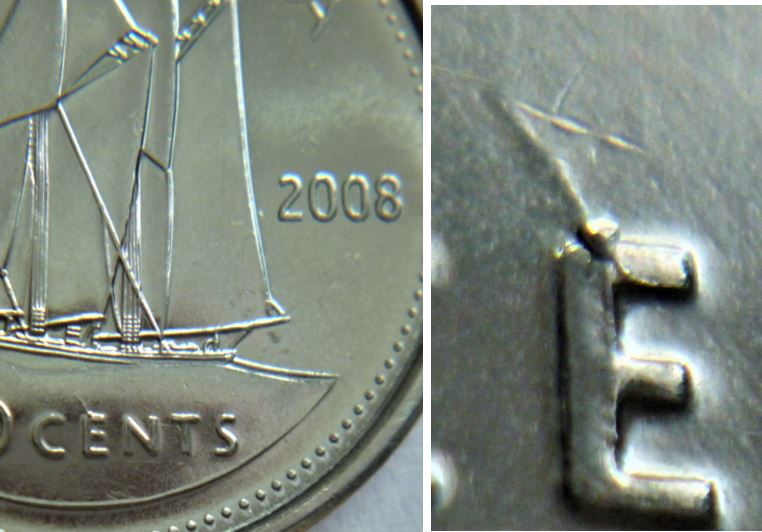 10 Cents 2008-Éclat du coin+Coin fendillé sur le E de cEnts-1.JPG