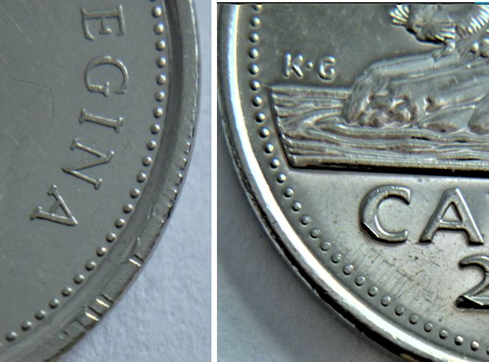 5 Cents 2013-Éclat coin au bout feuille gauche +Belle glissade avers et revers-2.JPG