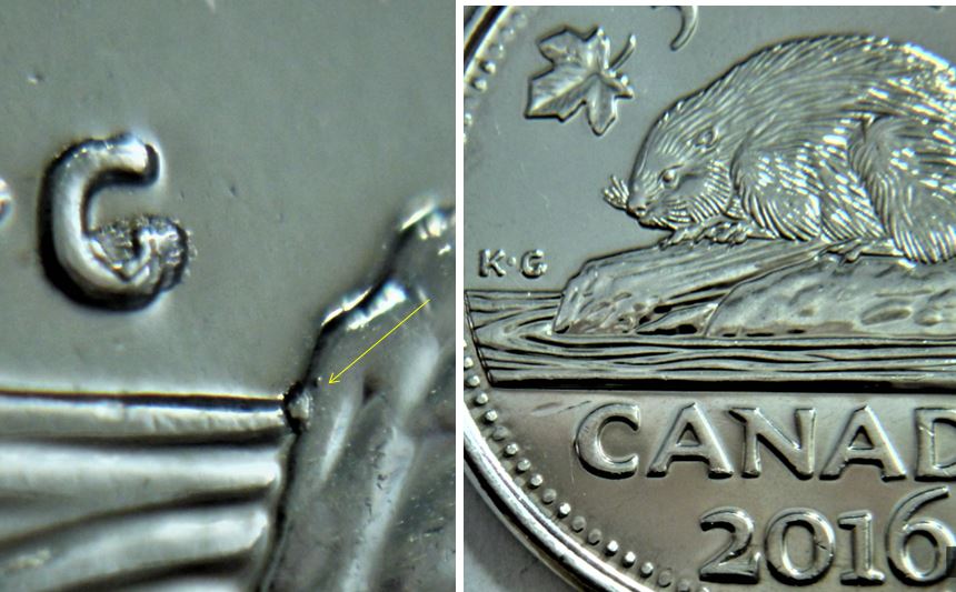 5 Cents 2016-Éclat du coin dans le G de k.G +Éclat devant la buche-1.JPG