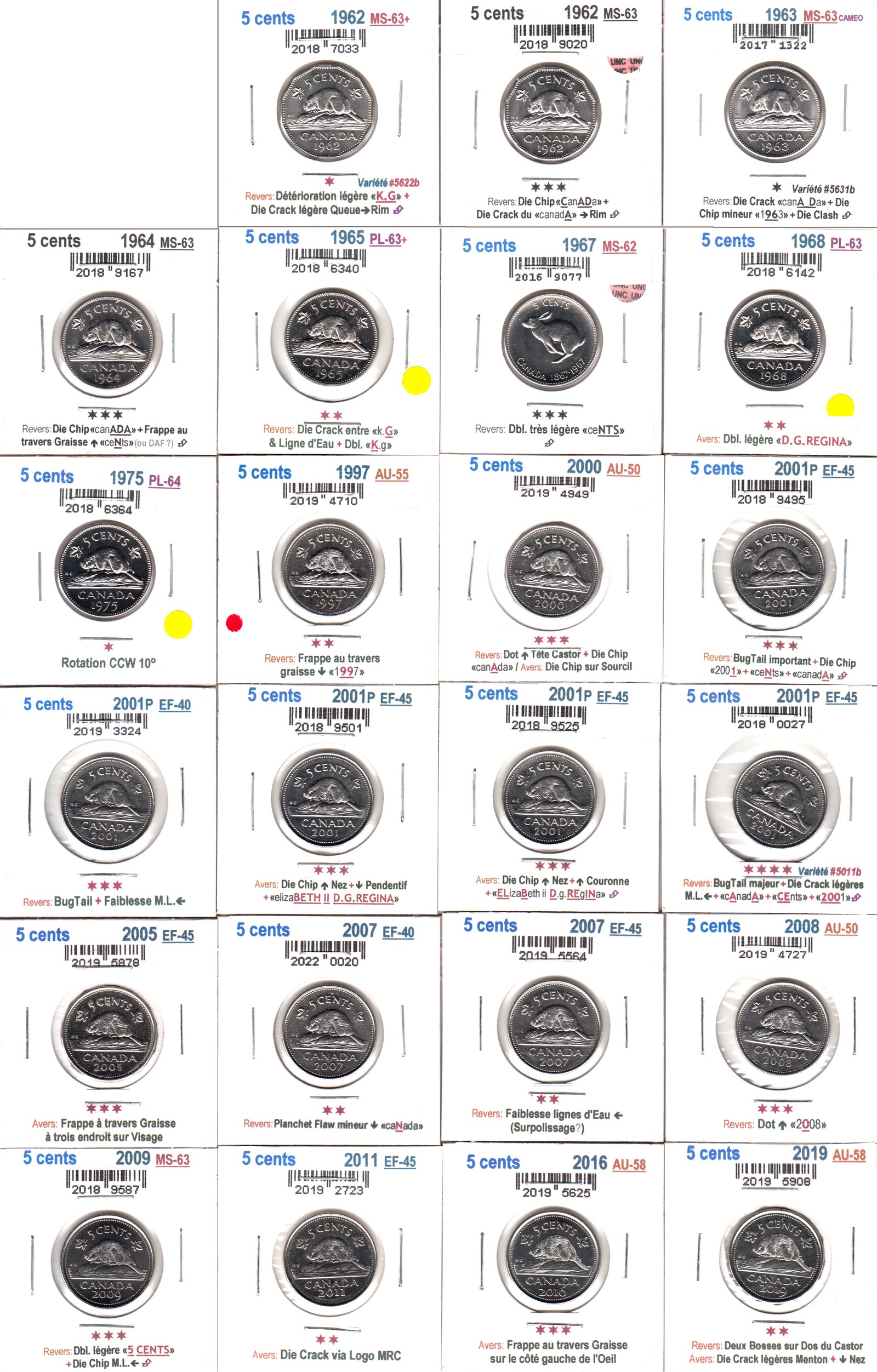 À Vendre - Lot 23 x 5c 1962-2019 avec Erreurs - Face.jpg