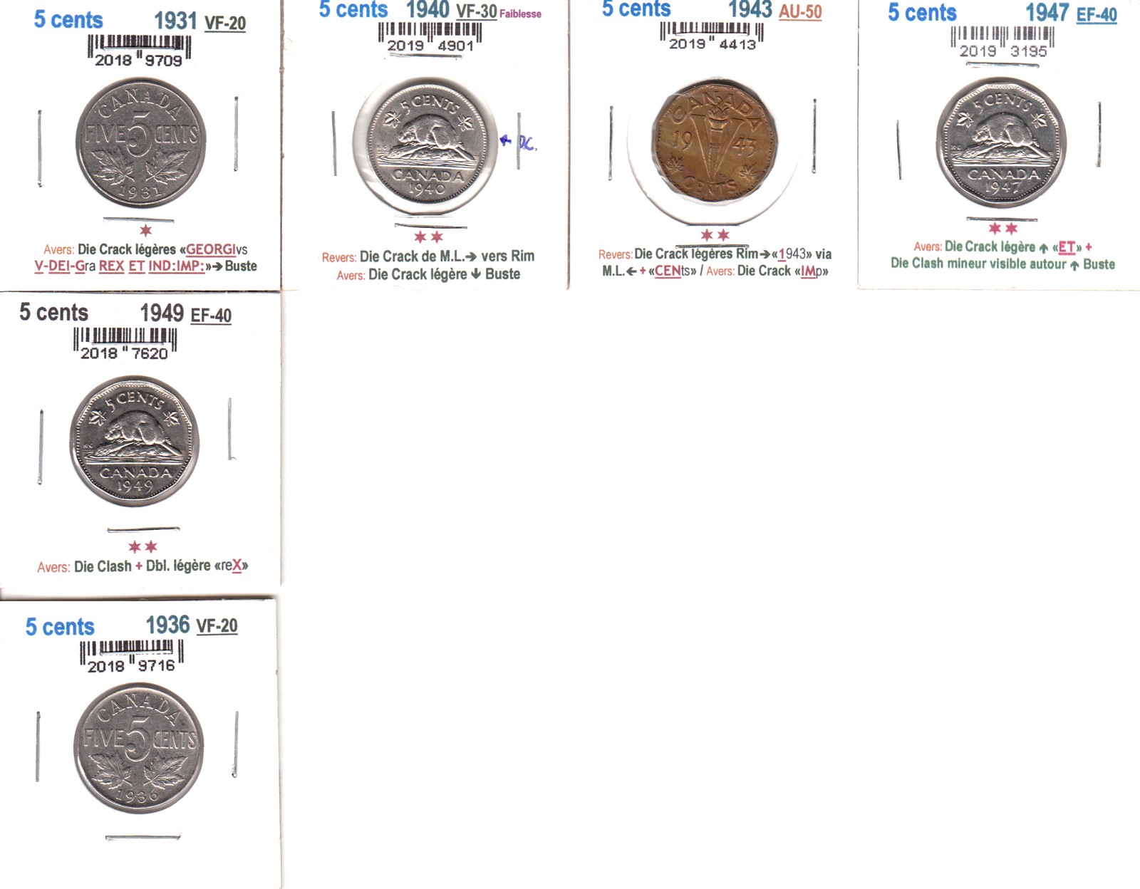 À Vendre - Lot 6 x 5c 1931-1949 avec Erreurs - Front.jpg