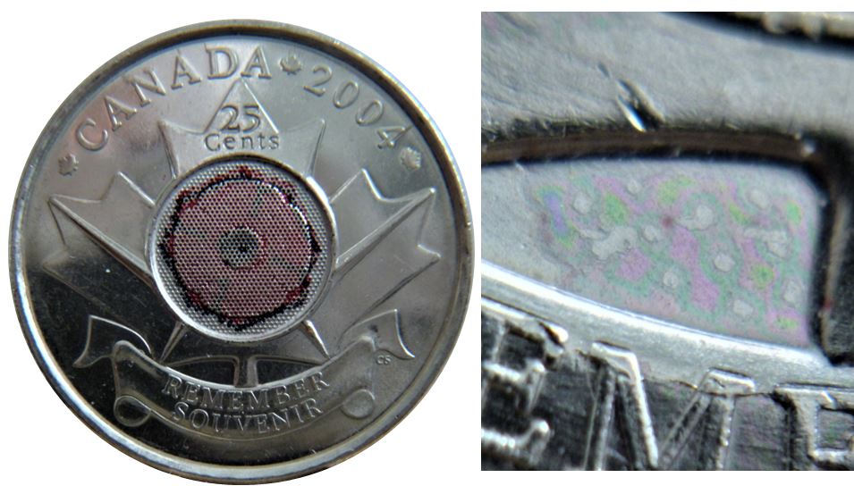 25 cents 2004p Coquelicot -Coin fendillé sur ME de reMEmber+ Dommage par poinçon-1.JPG