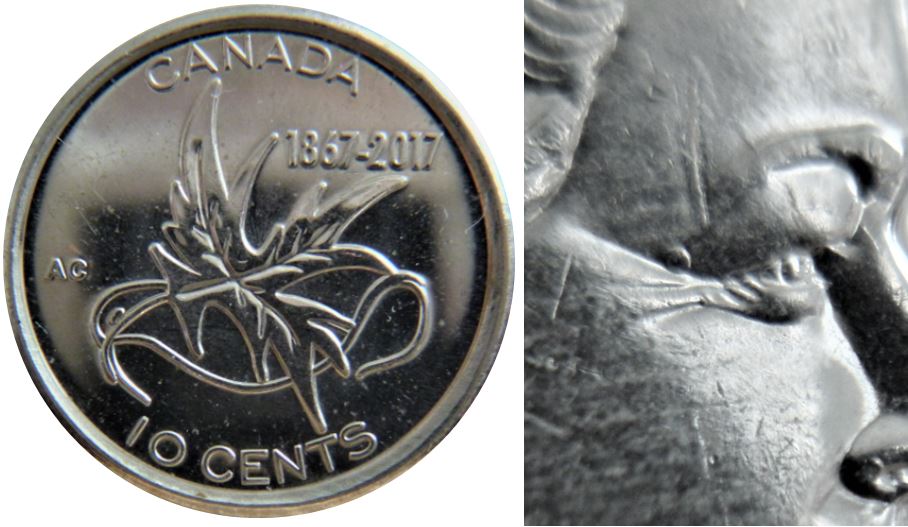 10 cents 2017 Canada 150-Grain de beauté près de l'oeuil droite-Éclat coin-1.JPG