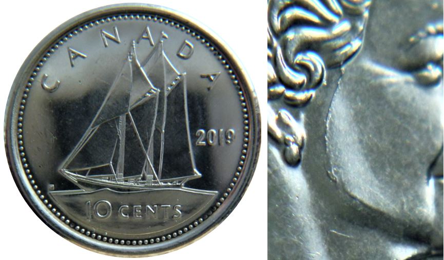 10 Cents 2019-Coin fendillé sur le visage de effigie-1.JPG