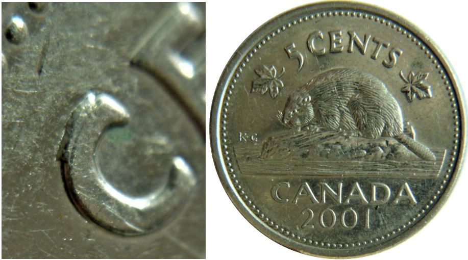 5 Cents 2001-Éclat coin sur le C de Cents-1.JPG
