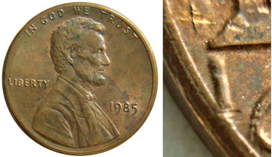1 Cent 1985-USA-  Un en chiffre romain avent ONE-Éclat coin-2.JPG