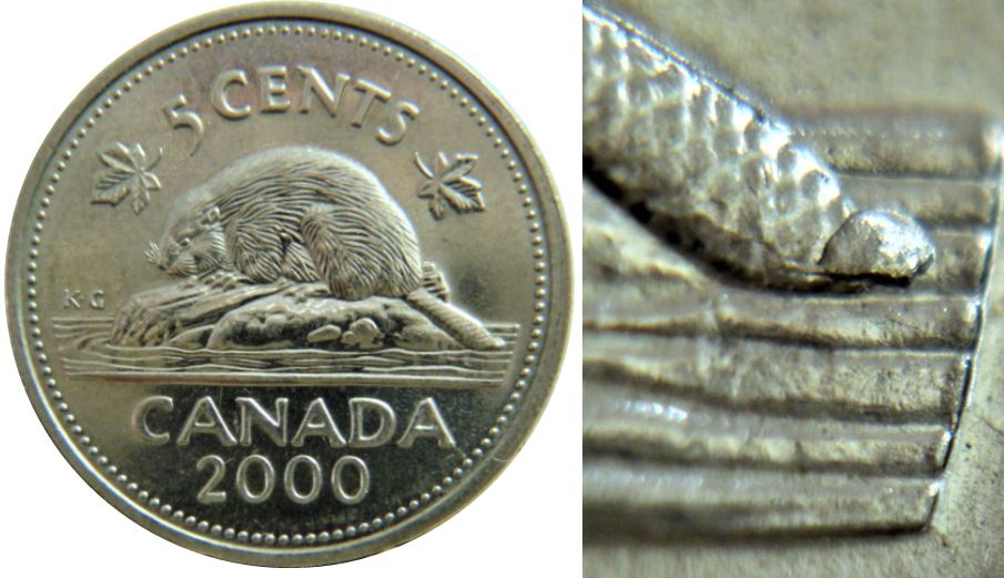 5 Cents 2000-Coin fendillé au dernier A-Éclat coin a la queue du castor-1.JPG