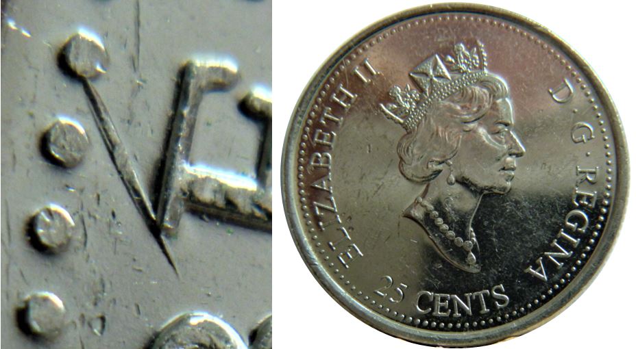 25 Cents 1999 Juillet-Dommage du coin au dessus E de elizabEth-2.JPG