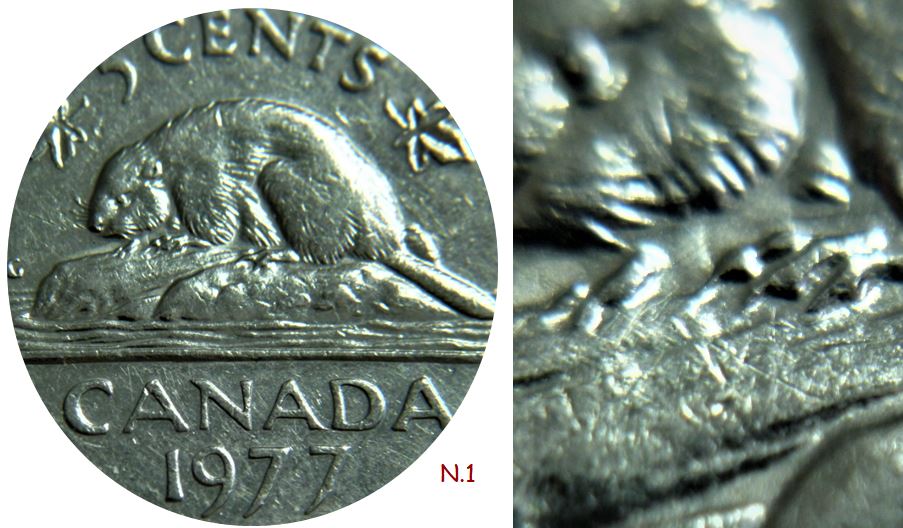 5 Cents 1977-Coin entrechoqué sous menton du castor-2.JPG