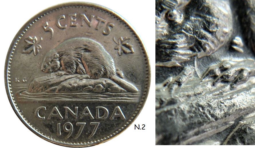5 Cents 1977-Coin entrechoqué sous menton du castor-3.JPG