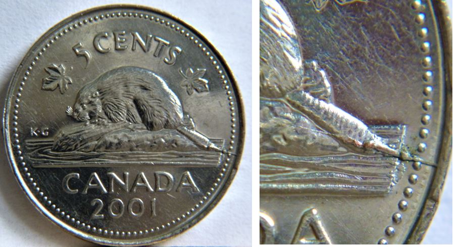5 Cents 2001-Coin fendillé a la queue du castor-1.JPG
