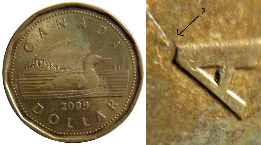 1 Dollar 2009-Éclat coin dans A de canAda-1.JPG