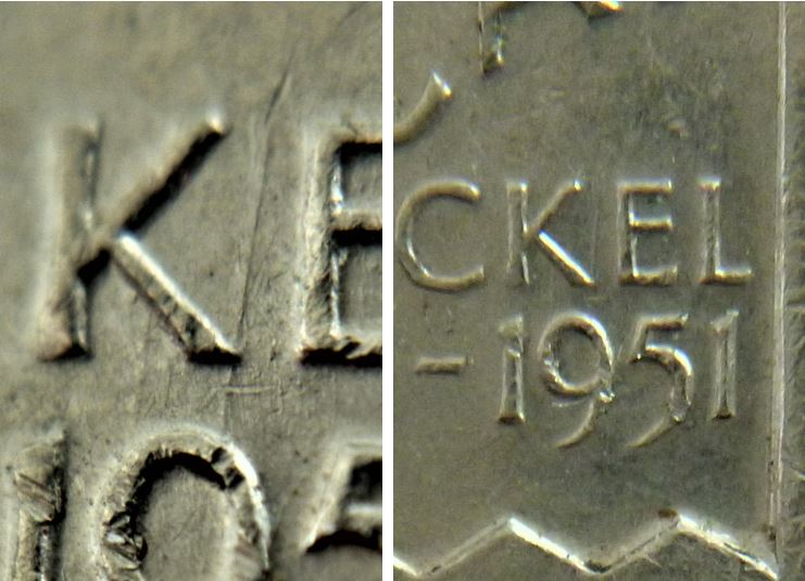 5 Cents 1951 Comm.-Dommage du coin devant K de nicKel-Coin fendillé sous effigie-3.JPG