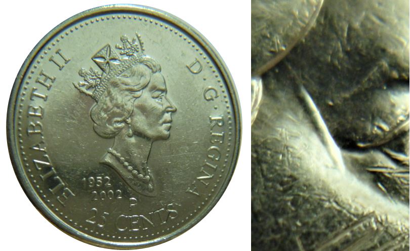 25 Cents 2002p Canada Day -Dommage du coin sur la temple de effigie-2.JPG