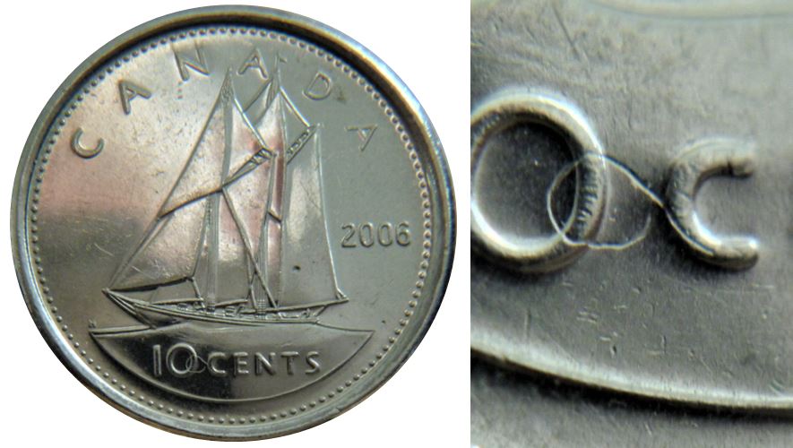 10 Cents 2006-Frappe à travers un fil sur 0 C de 10 Cents-1.JPG