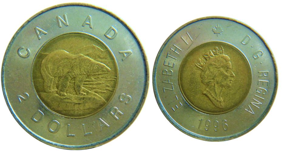 2 Dollar 1996-Patte devant et arrière de l'ours attaché-éclat coin-1.JPG