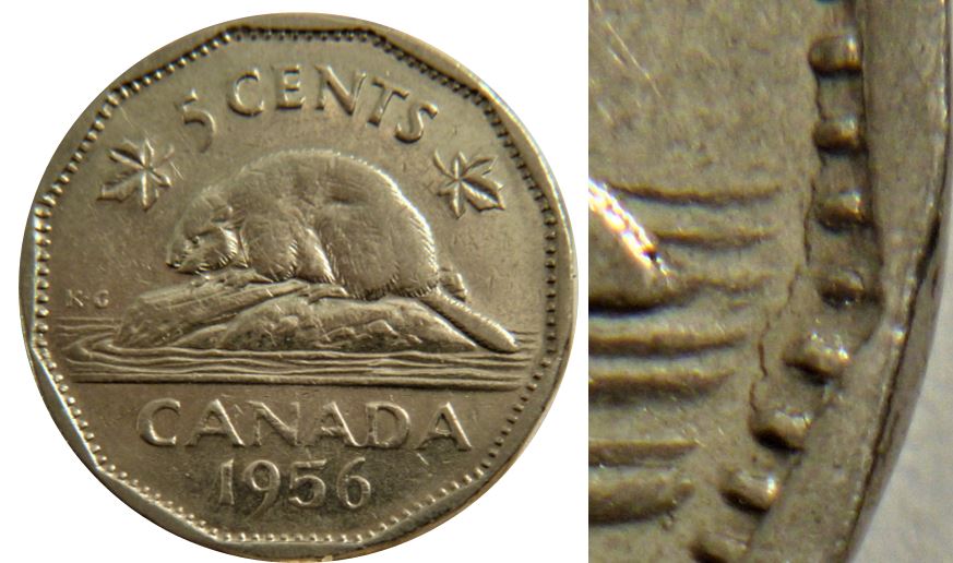 5 Cents 1956-Dépôt de métal sur denticule à la queue du castor-1.JPG
