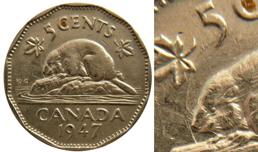 5 Cents 1947-Coin entrechoqué devant le castor-1.JPG