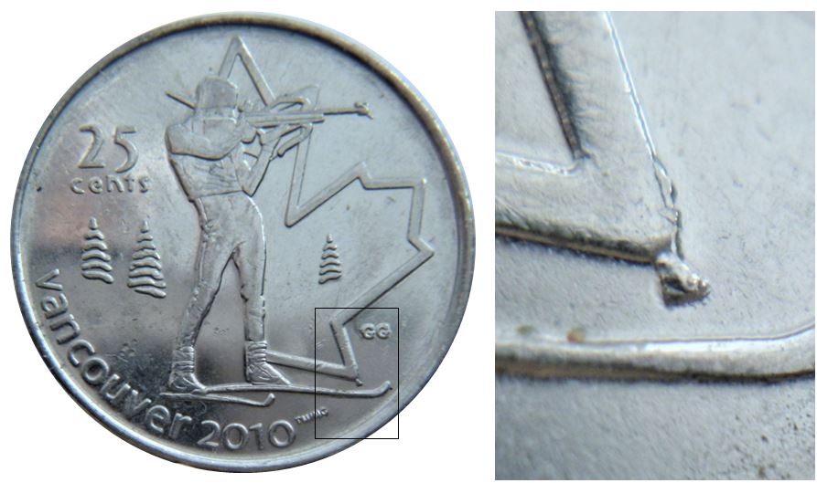 25 Cents 2007 Biathlon-Éclat coin à la bas de la feuille d'érable-1.JPG