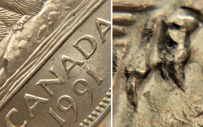5 Cents 1991-Griffe extra-Éclat coin-4.JPG