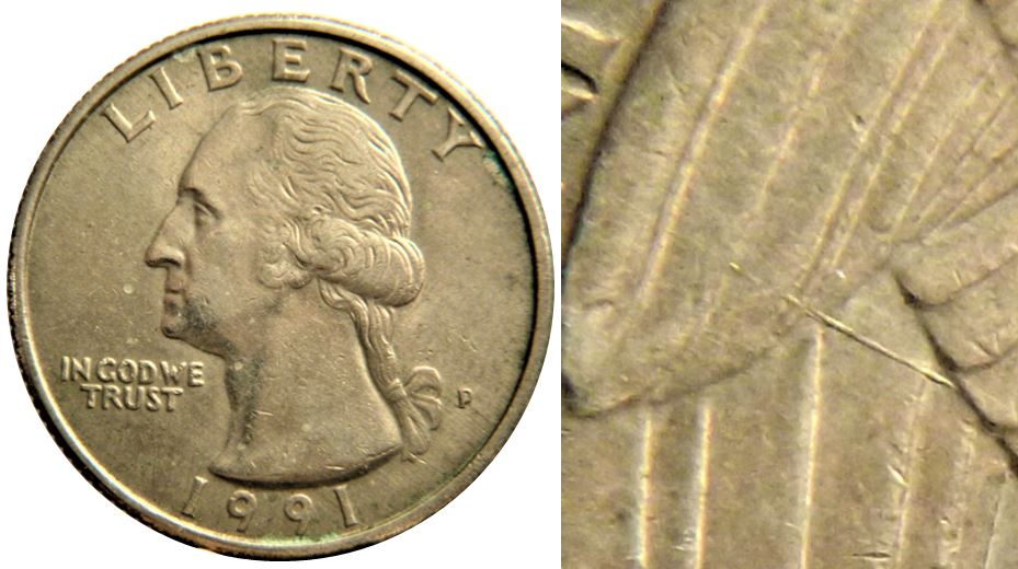 25 Cents USA-1991P-Dommage du coin dans l'aile gauche de l'oiseau-1.JPG