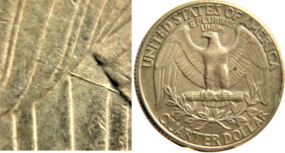 25 Cents USA-1991P-Dommage du coin dans l'aile gauche de l'oiseau-2.JPG