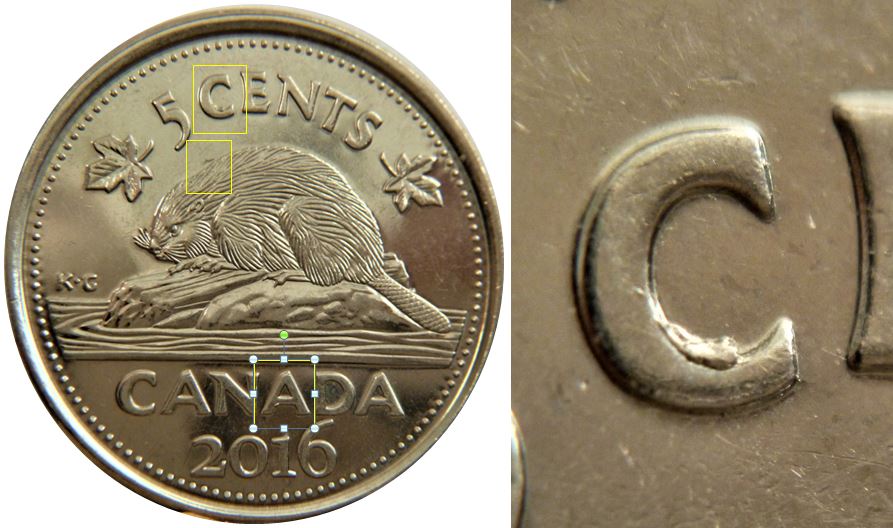 5 Cents 2016-Trois Éclat coin 1,dans C de Cents 2, sous A de canAda 3,au dessus du csator-2.JPG