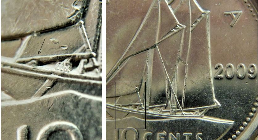 10 Cents 2009-Large dommage sur le voilier et la voile et un éclat coin se cacher sous la voile-3.JPG